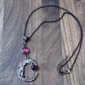 Gun Metal Crescent Moon Gem Pink And Purple Necklace